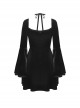 Gothic Style Retro Palace Trumpet Sleeves Square Collar Flower Halter Neck Black Dress