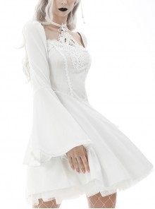 Gothic Style Elegant Square Collar Embroidered White Long Trumpet Sleeves Halterneck Dress