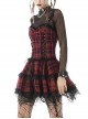 Rock Punk Style Lace Splicing Irregular Mesh Hem Cool Red And Black Plaid Suspender Dress