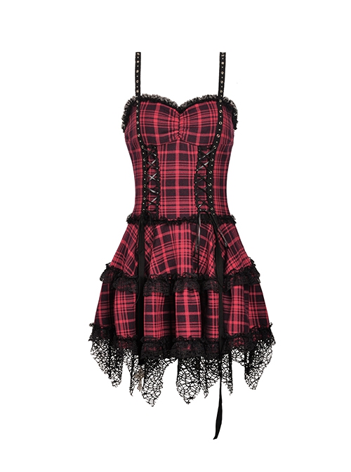 Rock Punk Style Lace Splicing Irregular Mesh Hem Cool Red And Black Plaid Suspender Dress
