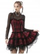 Rock Punk Style Lace Splicing Irregular Mesh Hem Cool Red And Black Plaid Suspender Dress