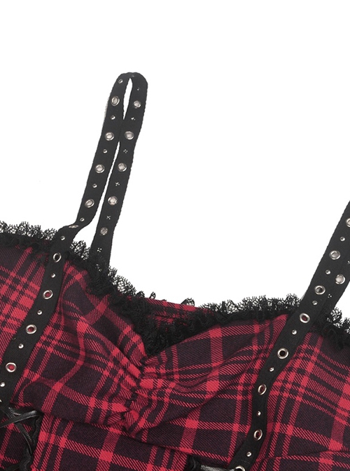 Rock Punk Style Lace Splicing Irregular Mesh Hem Cool Red And Black Plaid Suspender Dress