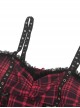 Rock Punk Style Lace Splicing Irregular Mesh Hem Cool Red And Black Plaid Suspender Dress
