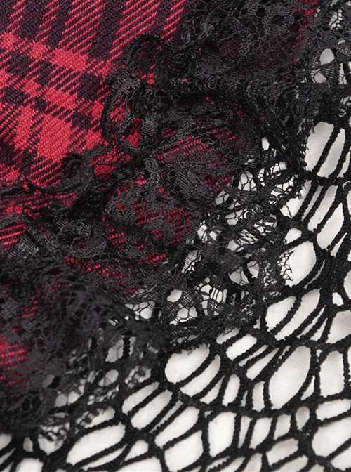 Rock Punk Style Lace Splicing Irregular Mesh Hem Cool Red And Black Plaid Suspender Dress