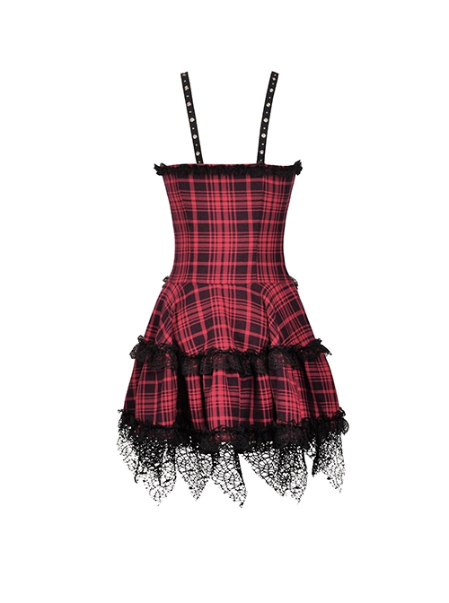 Rock Punk Style Lace Splicing Irregular Mesh Hem Cool Red And Black Plaid Suspender Dress
