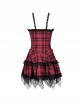 Rock Punk Style Lace Splicing Irregular Mesh Hem Cool Red And Black Plaid Suspender Dress