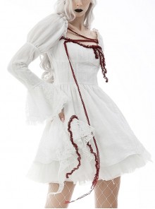 Gothic Style Red Lace Decorated Vampire Retro Palace Long Trumpet Sleeves White Dress