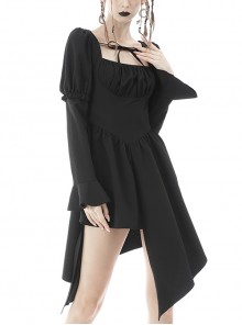 Gothic Style Elegant Square Neckline Ribbon Bowknot Hollow Hem Black Puff Long Sleeves Dress