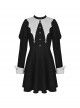Gothic Style White Bat Wing Collar Metal Cross Decorated Black Puff Long Sleeves Dress