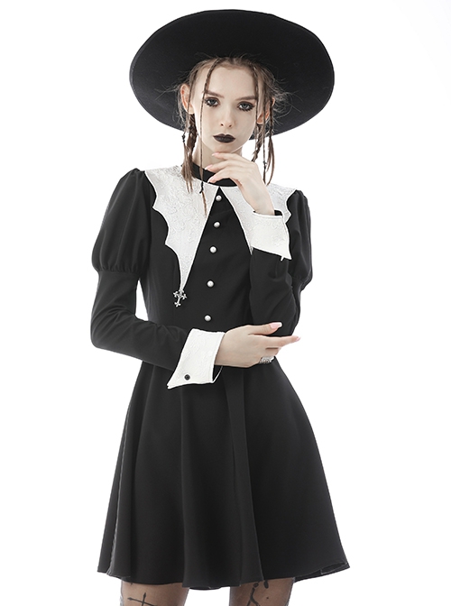 Gothic Style White Bat Wing Collar Metal Cross Decorated Black Puff Long Sleeves Dress