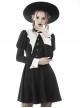 Gothic Style White Bat Wing Collar Metal Cross Decorated Black Puff Long Sleeves Dress