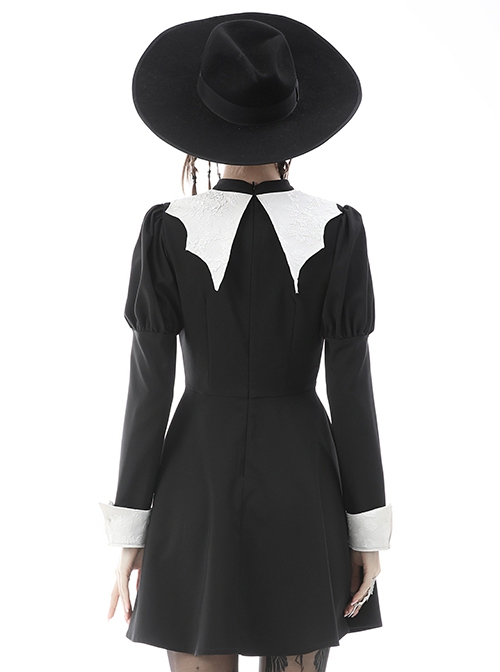 Gothic Style White Bat Wing Collar Metal Cross Decorated Black Puff Long Sleeves Dress