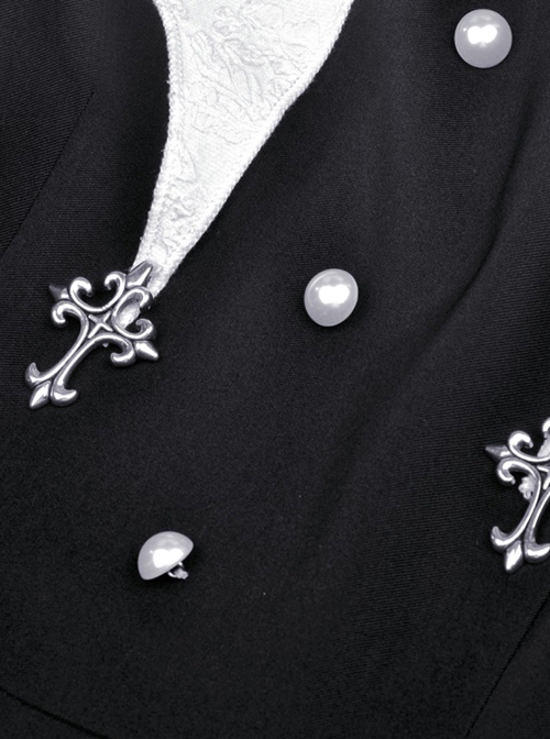 Gothic Style White Bat Wing Collar Metal Cross Decorated Black Puff Long Sleeves Dress