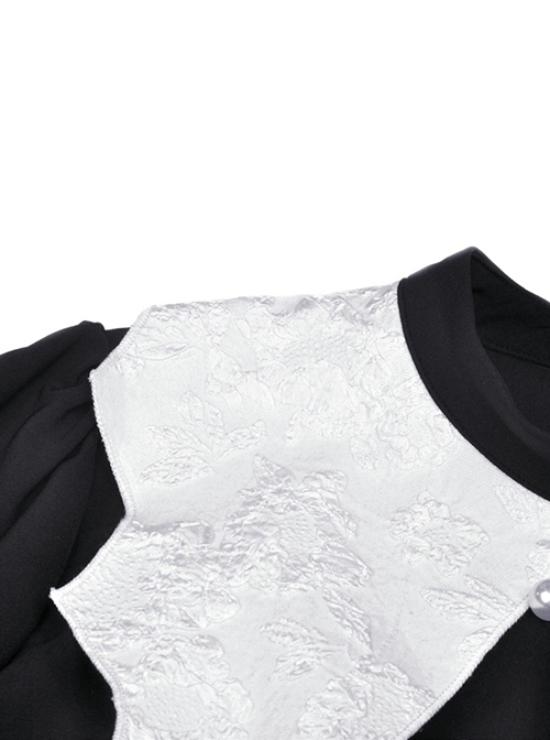 Gothic Style White Bat Wing Collar Metal Cross Decorated Black Puff Long Sleeves Dress