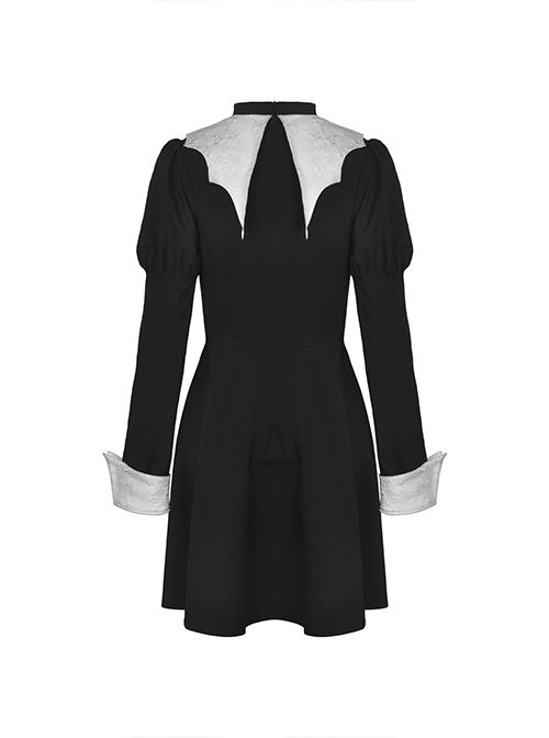 Gothic Style White Bat Wing Collar Metal Cross Decorated Black Puff Long Sleeves Dress