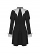 Gothic Style White Bat Wing Collar Metal Cross Decorated Black Puff Long Sleeves Dress