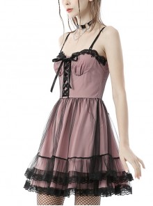 Punk Style Sexy Black Mesh Lace Cross Strap Decorated Sweet Pink Suspender Dress