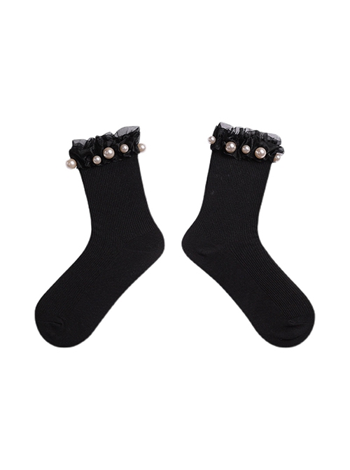 Trendy Brand Versatile Daily Commute Lace Pearl Ouji Fashion Punk Lolita Black Soft Pure Cotton Socks