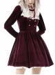 Gothic Style Palace Feel Velvet Beige Lace Splicing Neckline Retro Burgundy Long Sleeves Dress