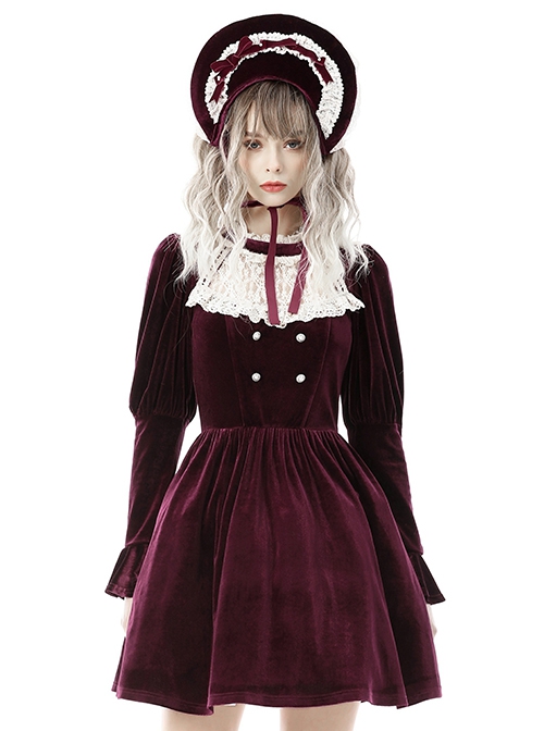 Gothic Style Palace Feel Velvet Beige Lace Splicing Neckline Retro Burgundy Long Sleeves Dress