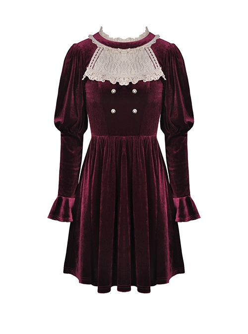Gothic Style Palace Feel Velvet Beige Lace Splicing Neckline Retro Burgundy Long Sleeves Dress