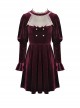 Gothic Style Palace Feel Velvet Beige Lace Splicing Neckline Retro Burgundy Long Sleeves Dress