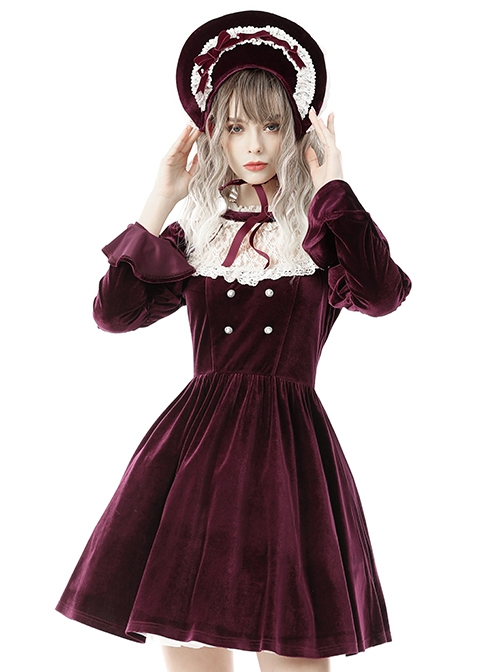 Gothic Style Palace Feel Velvet Beige Lace Splicing Neckline Retro Burgundy Long Sleeves Dress
