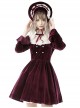 Gothic Style Palace Feel Velvet Beige Lace Splicing Neckline Retro Burgundy Long Sleeves Dress