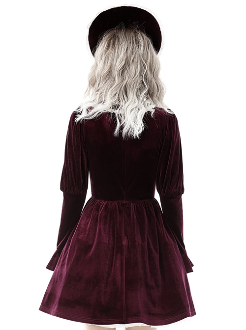 Gothic Style Palace Feel Velvet Beige Lace Splicing Neckline Retro Burgundy Long Sleeves Dress