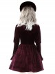 Gothic Style Palace Feel Velvet Beige Lace Splicing Neckline Retro Burgundy Long Sleeves Dress