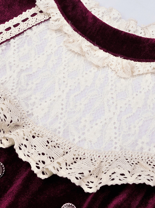 Gothic Style Palace Feel Velvet Beige Lace Splicing Neckline Retro Burgundy Long Sleeves Dress