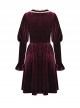 Gothic Style Palace Feel Velvet Beige Lace Splicing Neckline Retro Burgundy Long Sleeves Dress