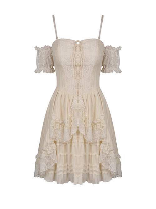 Steampunk Style Sexy Off-Shoulder Half-Sleeves Layered Lace Strap Beige Suspender Mini Dress