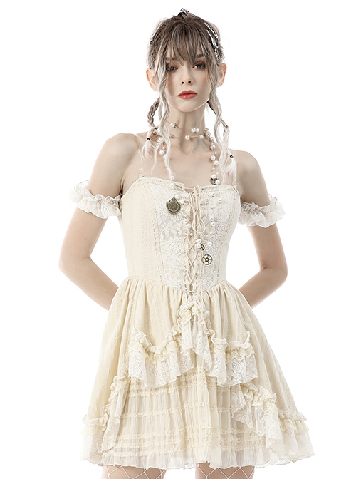 Steampunk Style Sexy Off-Shoulder Half-Sleeves Layered Lace Strap Beige Suspender Mini Dress