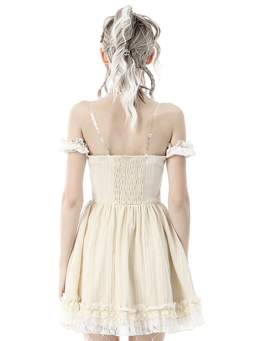 Steampunk Style Sexy Off-Shoulder Half-Sleeves Layered Lace Strap Beige Suspender Mini Dress