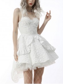 Gothic Style Exquisite Jacquard Fabric Lace Embroidery Long Tail Sexy White Suspender Dress