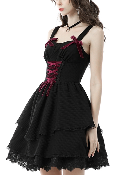 Gothic Style Sweet Burgundy Velvet Strapped Bowknot Lace Embellished Black Suspender Doll Dress