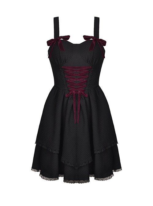 Gothic Style Sweet Burgundy Velvet Strapped Bowknot Lace Embellished Black Suspender Doll Dress