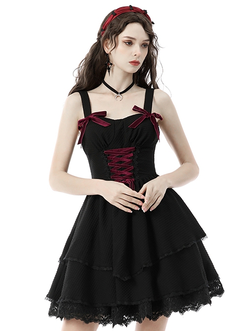 Gothic Style Sweet Burgundy Velvet Strapped Bowknot Lace Embellished Black Suspender Doll Dress