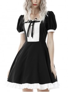 Gothic Style Doll Ribbon Bowknot Ruffled Hem Black And White Color Matching Cute Puff Sleeves Dress