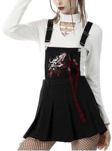 Punk Style Cool White And Red Printed Metal Pins Decorated Black Cross Strap Pleated Skirt