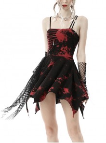 Punk Style Rock Cool Irregular Torn Mesh Hem Sexy Black And Red Tie-Dye Suspender Dress