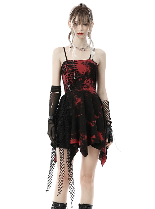 Punk Style Rock Cool Irregular Torn Mesh Hem Sexy Black And Red Tie-Dye Suspender Dress
