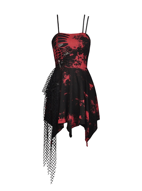 Punk Style Rock Cool Irregular Torn Mesh Hem Sexy Black And Red Tie-Dye Suspender Dress