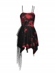 Punk Style Rock Cool Irregular Torn Mesh Hem Sexy Black And Red Tie-Dye Suspender Dress