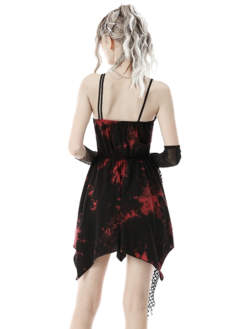 Punk Style Rock Cool Irregular Torn Mesh Hem Sexy Black And Red Tie-Dye Suspender Dress