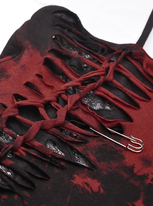 Punk Style Rock Cool Irregular Torn Mesh Hem Sexy Black And Red Tie-Dye Suspender Dress