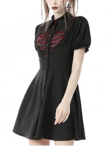 Dark Gothic Style Shirt Collar Red Love Heart Hollow Black Retro Puff Short Sleeves Button Dress