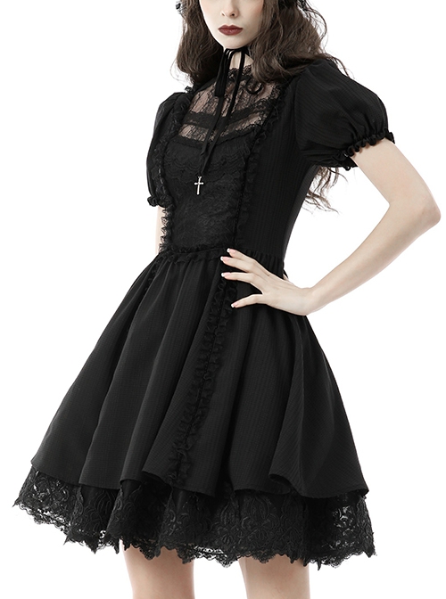 Gothic Style Lace Stand-Up Collar And Metal Cross Decoration Sweet Puff Sleeves Black Dress