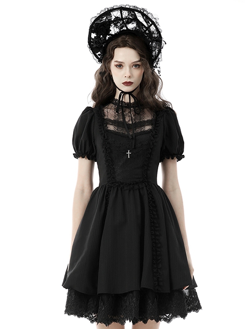 Gothic Style Lace Stand-Up Collar And Metal Cross Decoration Sweet Puff Sleeves Black Dress